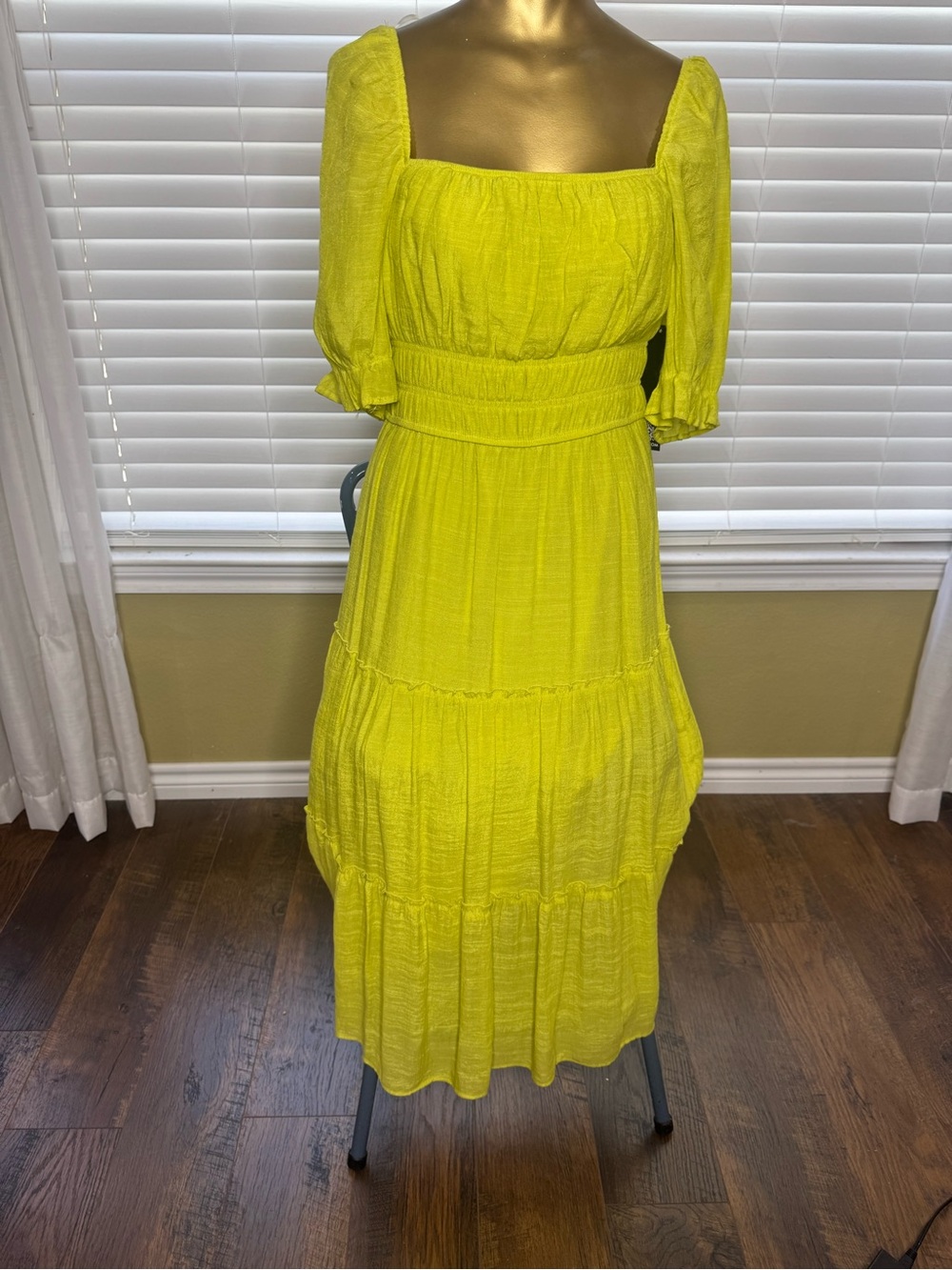 Trixxi Lemon Yellow Square Neck Tiered Midi Dress